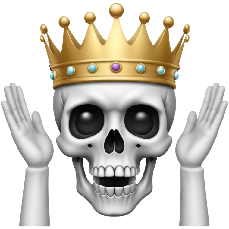A shocked skull with a crown on top, both hands raised pressing on its head in disbelief, black and white emoji