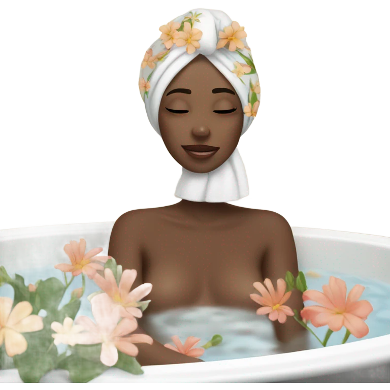 girl with towel on head relaxing in bath with flowers emoji