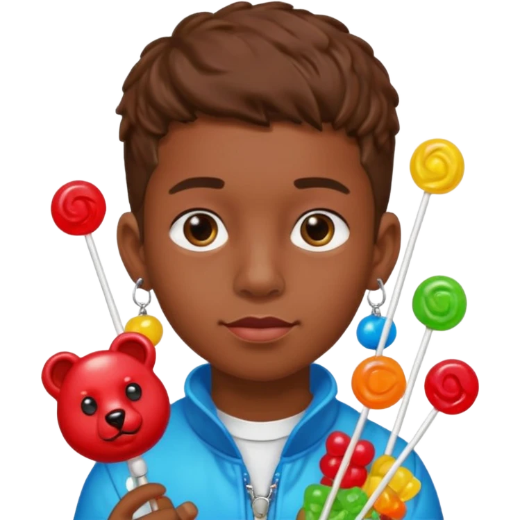 boy with a lot of accessories and earrings made out of candy emoji