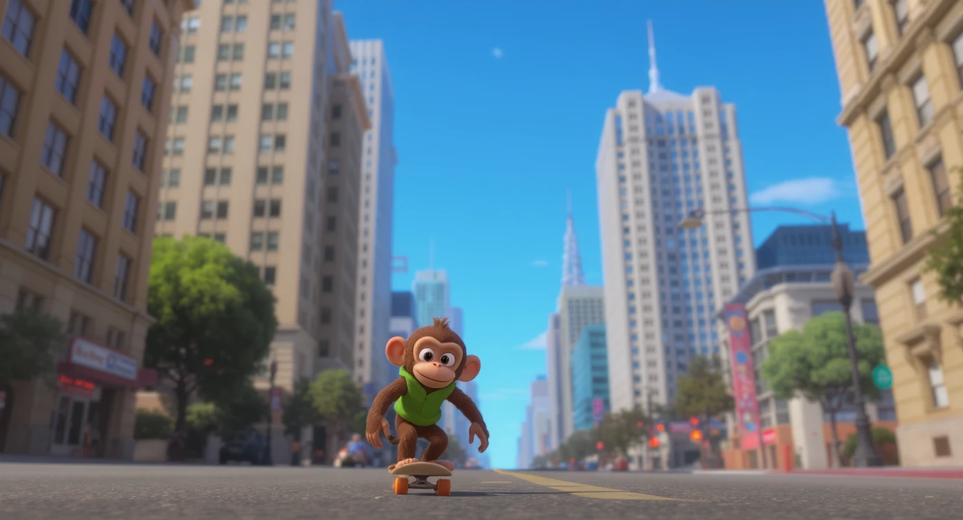 Disney style Cinematic still scane, Low angle shot, monkey dress in green outfit, monkey ride on skateboard, san francisno downtown with city lanscape, blue clean sky, captured by ARRI Alexa XT, soft cinematic lightning, back light, inspired by ToyStory 4 emoji