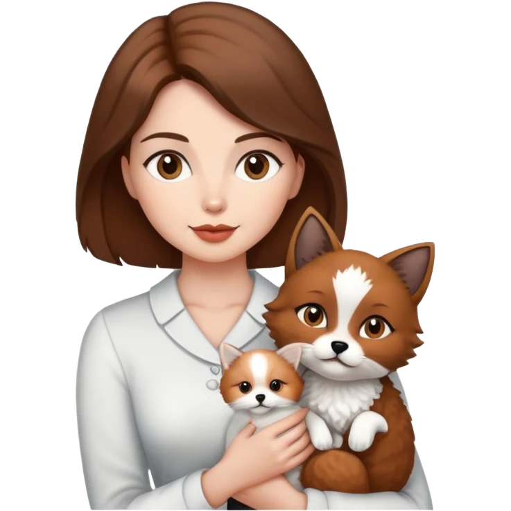 Brown hair woman with her bichon fries, black cat and fox tabby emoji