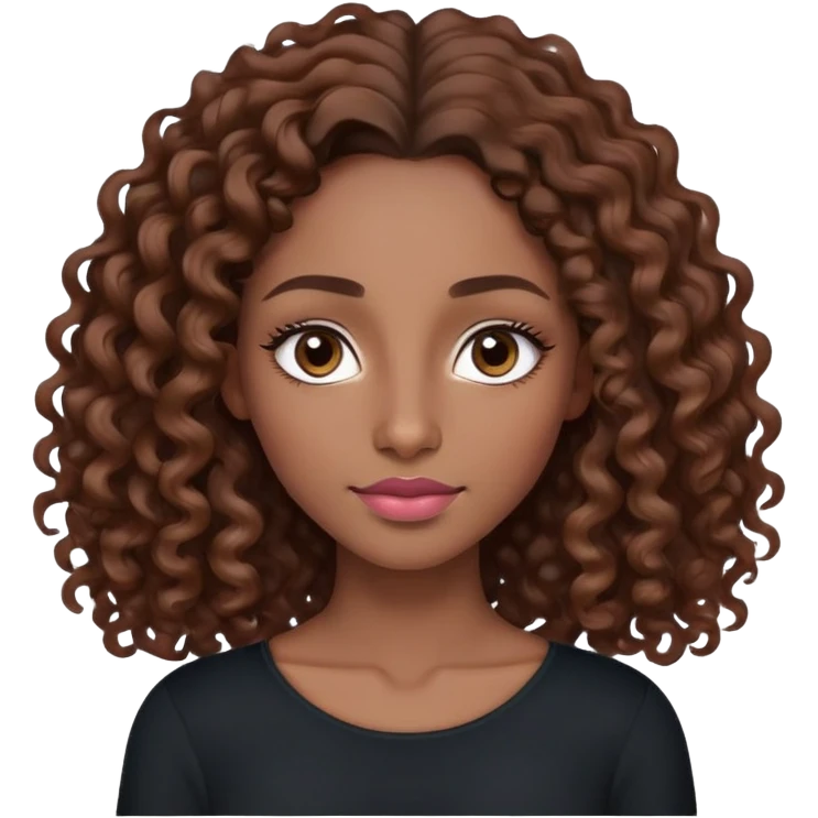 Light skinned or fair skinned, LONG curly hair (shoulder length) Nubian nose, full lips with a natural pink-brown tone, dark brown almond eyes, Slight arched eyebrows, full  brown.  wearing a black long sleeve top  emoji