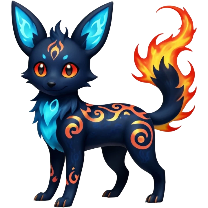 Shiny Fiery Dark Glowing Ethereal Eldritch Cool Edgy Badass Punky Aural Iridescent Fluorescent Bioluminescent Umbreon-Amaura-Salandit-Litten-Flareon-Fakémon-fusion (full body) with intricate pattern markings emoji