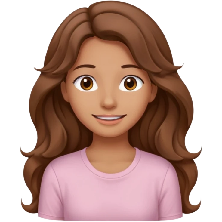 A pretty girl with tan skin and long brown wavy hair, wearing a very light pink basic shirt with brown eyes and a closed mouth smile emoji