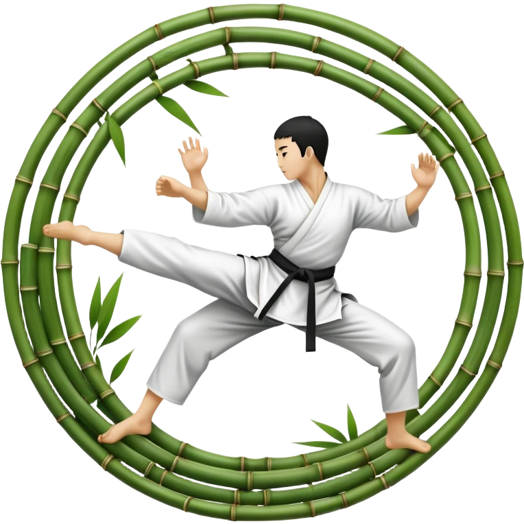 An icon symbolizing Eastern martial arts in the style of an emblem, with a black-and-white Yin-Yang symbol at the center. The design shows a martial artist performing a graceful kick, surrounded by bamboo and traditional elements. Transparent background emphasizes balance and harmony emoji