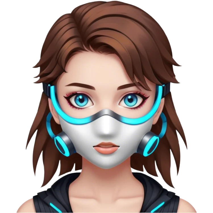 neon cyberpunk style 
girl with brown hair and blue eyes wearing a mask emoji