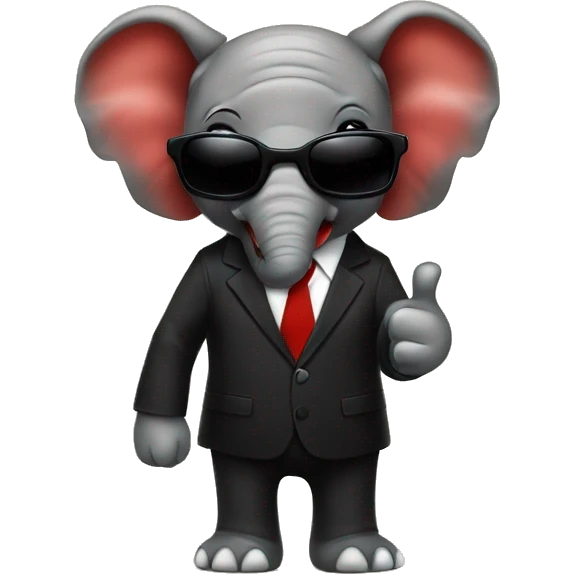 A red skinned little elephant wearing sunglasses and a black suit giving thumbs up emoji