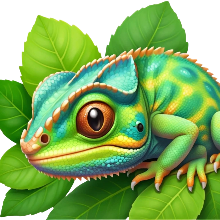 cinematic cute-smiling baby chameleon-realistic emoji,-blending-with-vibrant-greenery.-detailed-scales-in-shifting-colors,-showing-the-chameleon’s-ability-to-camouflage.-soft-natural-light-highlights-its-texture.-nature-background, zoomed into its face emoji