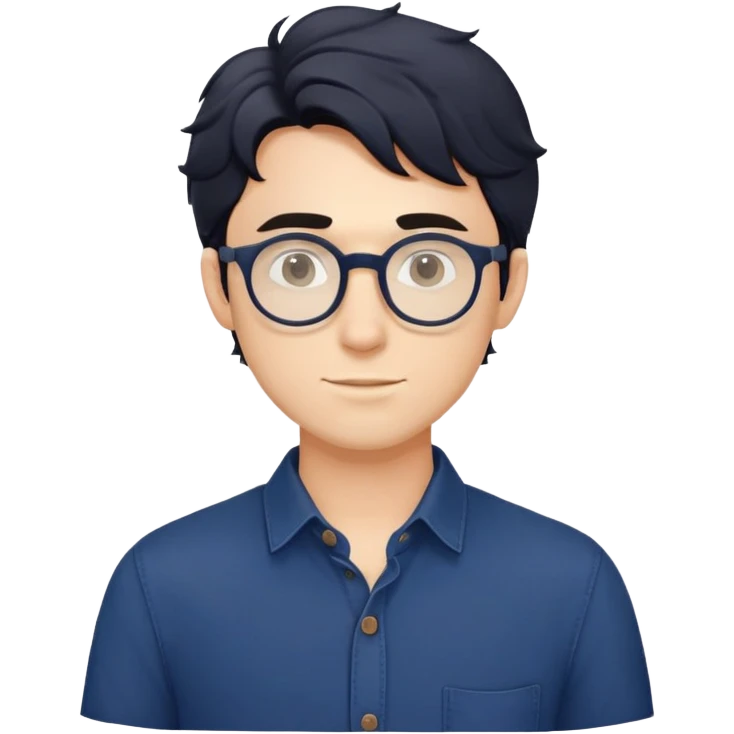 Young caucasian man with slightly longer wavy black hair, round glasses, torso only, wearing dark blue relaxed buttoned-up shirt emoji