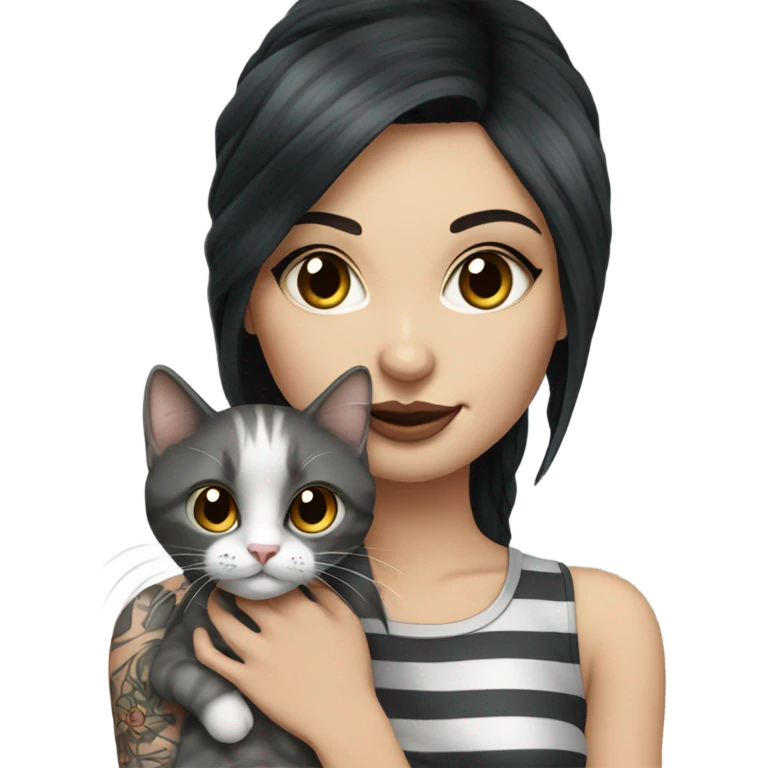 Beautiful dark haired tattooed woman holding gray and white stripe long haired cat emoji