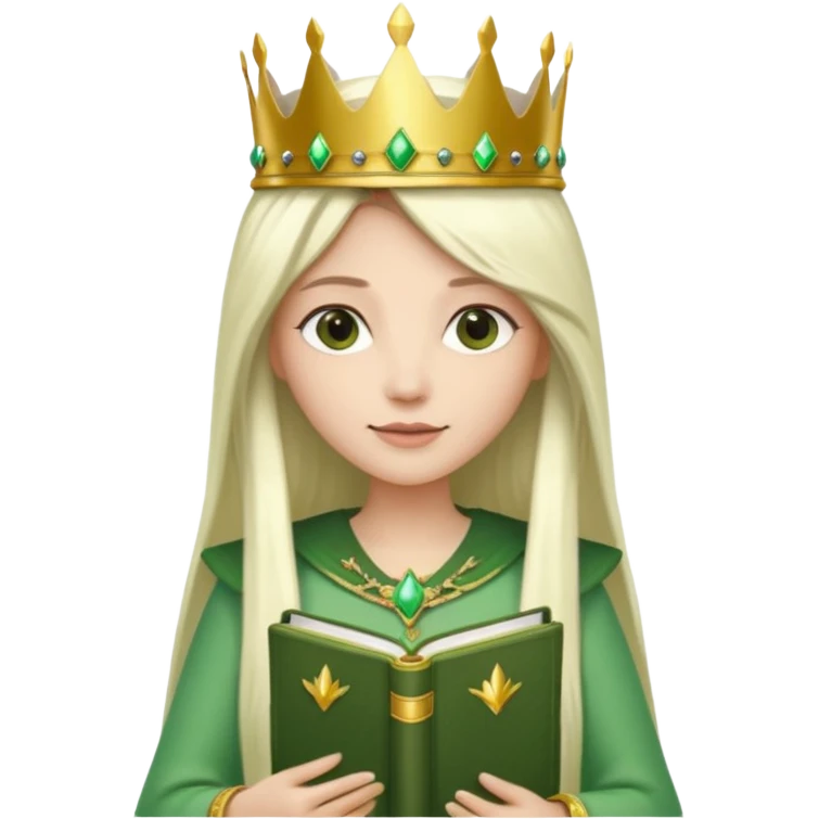 Long Hair Women with green Book, White straight hair, crown

 emoji