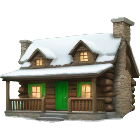 Snowy log cabin with a green door and a stone chimney  emoji