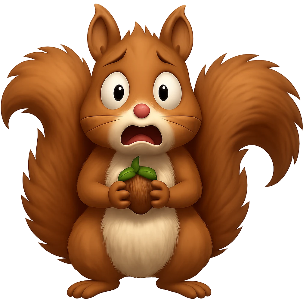 Make the squirrel look scared, with wide eyes and a startled expression, in apple emoji style, with no background (transparent). emoji