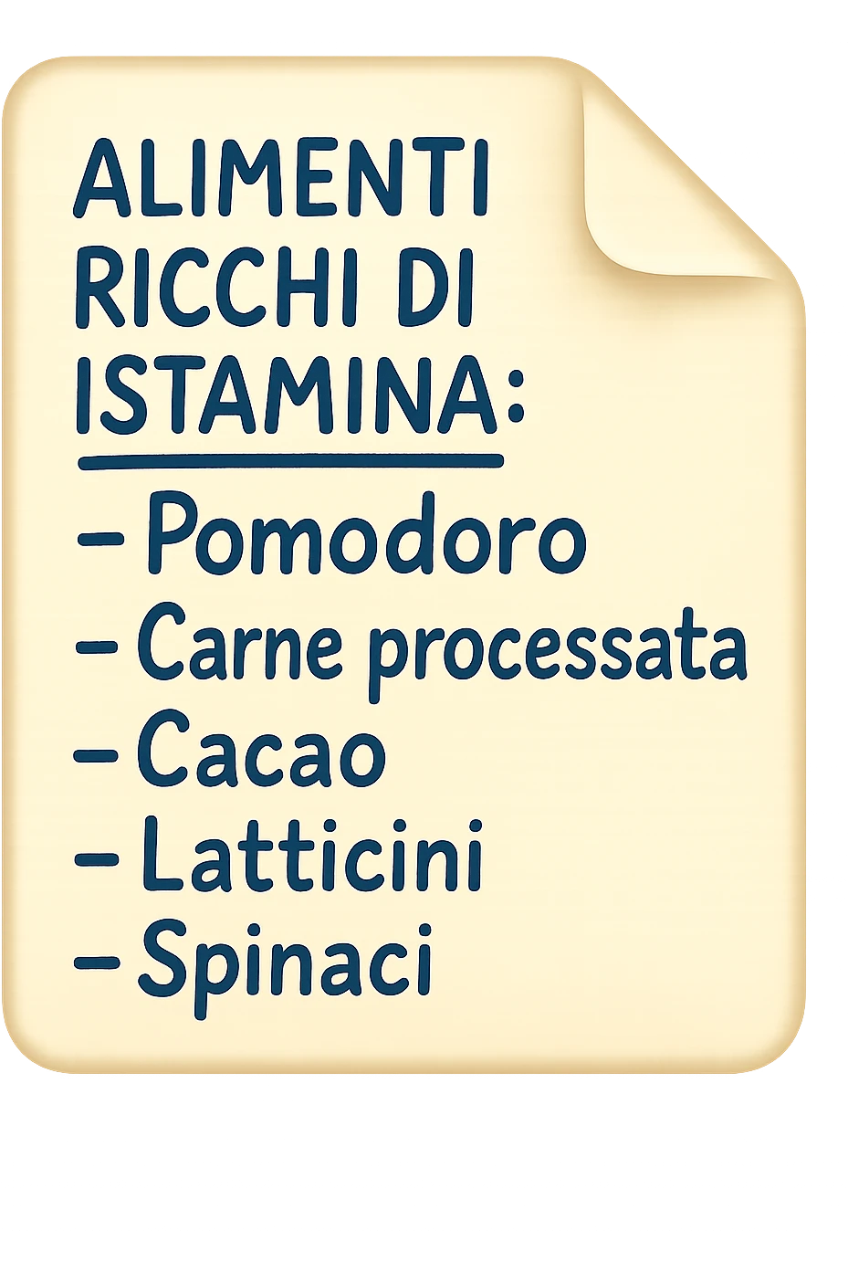 emoji di un foglio di carta con lista di alimenti ricchi di istamina scritti a penna:
ALIMENTI RICCHI DI ISTAMINA:
- Pomodoro
- Carne processata
- Cacao
- Latticini
- Spinaci emoji