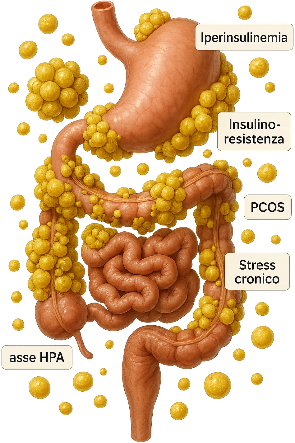 STOMACO E INTESTINO SONO VERTICALMENTE COLLEGATI E INTORNO A QUESTI ORGANI CI SONO CELLULE DI GRASSO GIALLE ATTACCATE SOPRA A GRAPPOLI, intorno fluttuano cellule di grasso giallo e alcune targhette con queste parole "Iperinsulinemia", "insulino-resistenza", "PCOS", "Stress cronico", "asse HPA", IPERREALISTICO 4K emoji