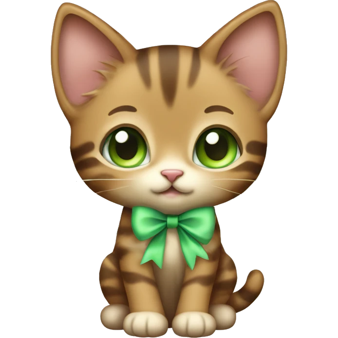 extremely cute kawaii brown tabby girl kitten with green eyes and pastel green bow full body emoji