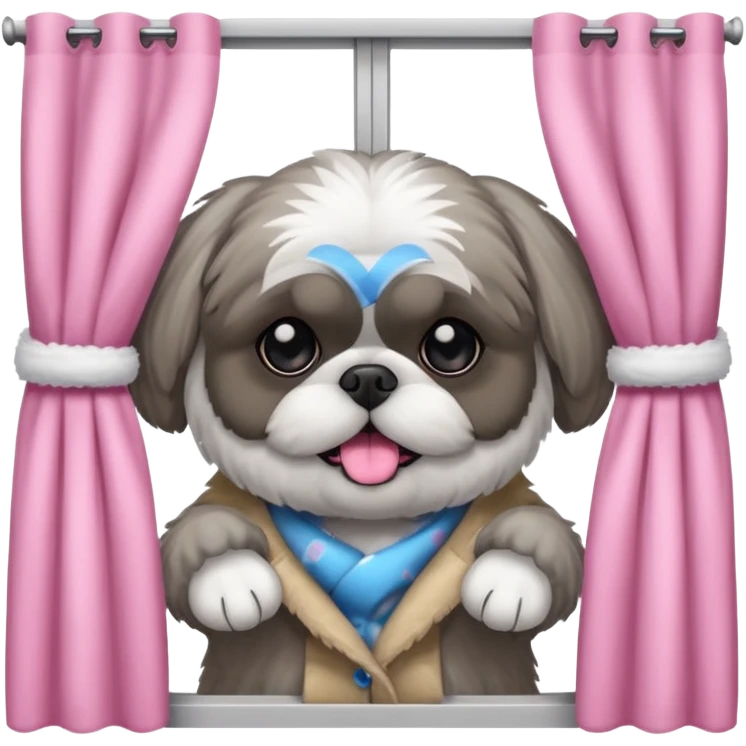 cute all grey shih tzuh behind window shades pulling them open with one paw and peeking through them emoji