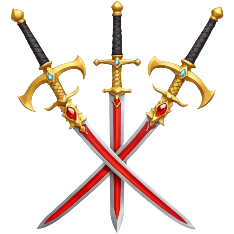 Two crossed swords that are golden in blade and handle and have fiery and royal appearence to them as well as red gem stones yellow in color emoji