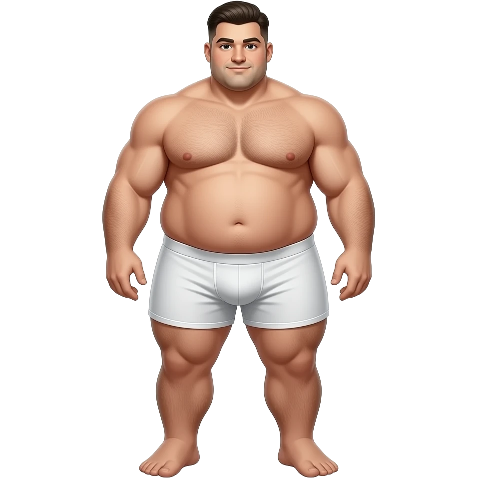 Strong very tall very wide ultra very very fat teen, gigantic big dick, cool hairstyle, cool fade, large dick, large feet, large dick, full body, fat, in white boxers that make his gigantic thighs and cock look bigger,, emoji
