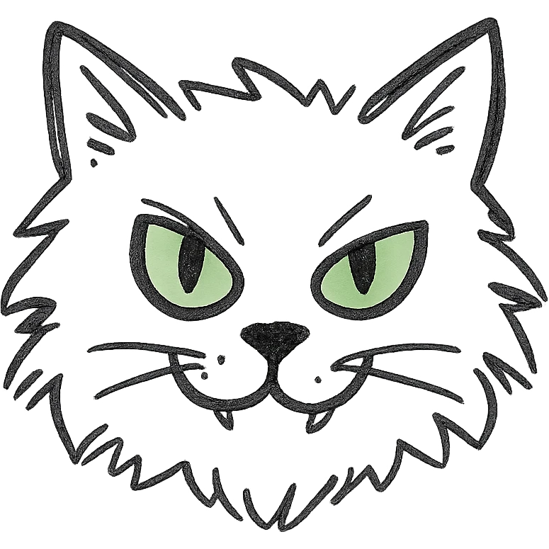 grey fluffy mischievous cat face with green eyes, hand drawn icon style emoji