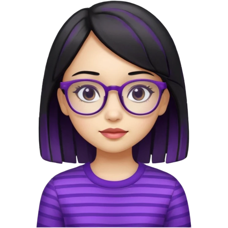 chica bonita con ligero cabello negro con rayas moradas que llega hasta los hombros con lentes cuadrados de estatura pequeña emoji