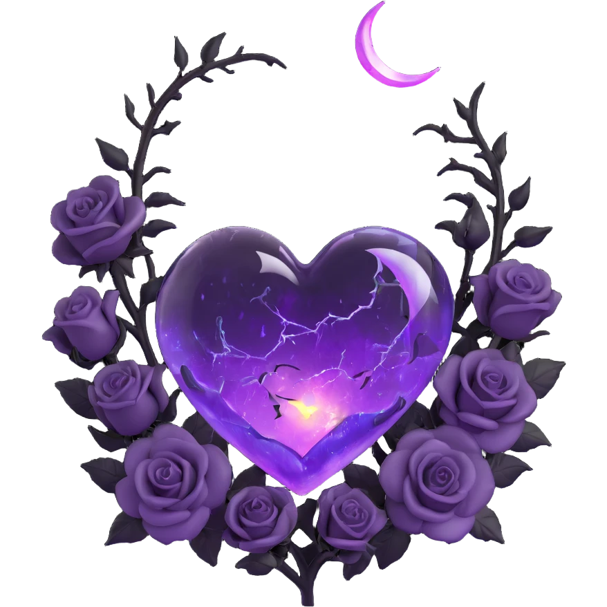 3D emoji gothic heart, purple glass, crescent moon with glowing aura, black roses floating around, electric lightning, swirling rain, cracked glass with glowing edges emoji