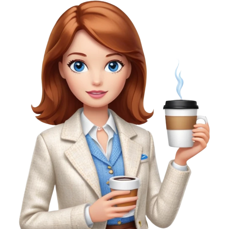A Barbie girl with blue eyes, shoulder-length reddish-brown hair, made-up, wearing a white tweed jacket and a white skirt, with a glass of coffee in her hands emoji