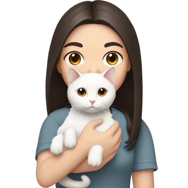 A pale girl with dark brown hair and dark brown eyes holds a white cat in her hands emoji