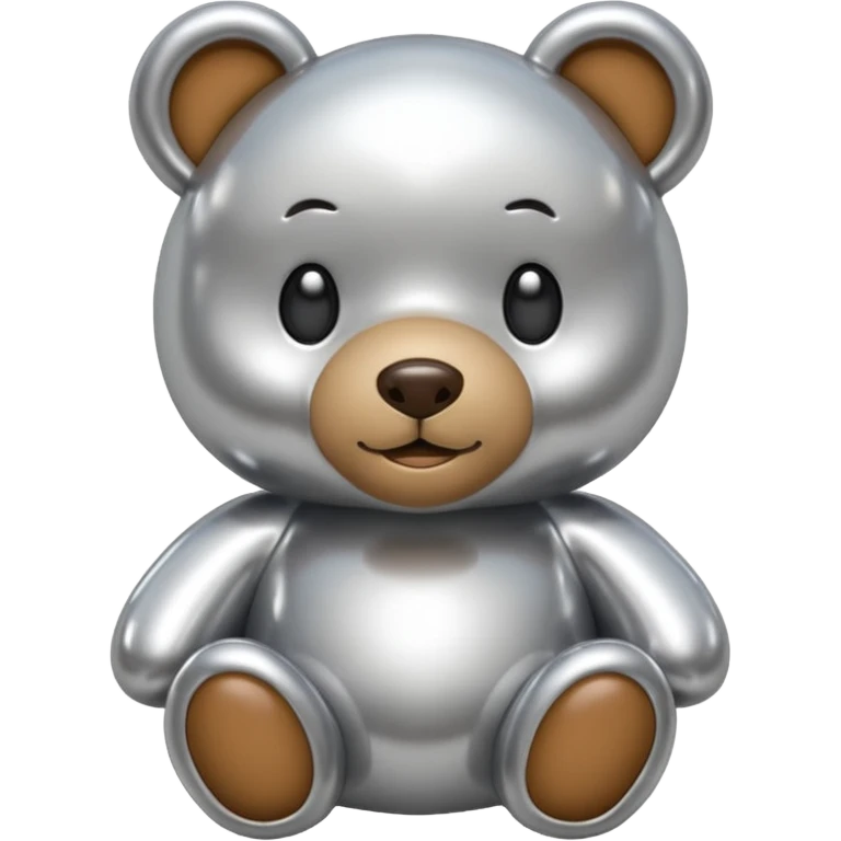 A cute teddy bear emoji made of liquid silver chrome, smooth rounded body, glossy metallic surface, soft reflections, friendly proportions, iOS emoji style, centered, clean white background emoji