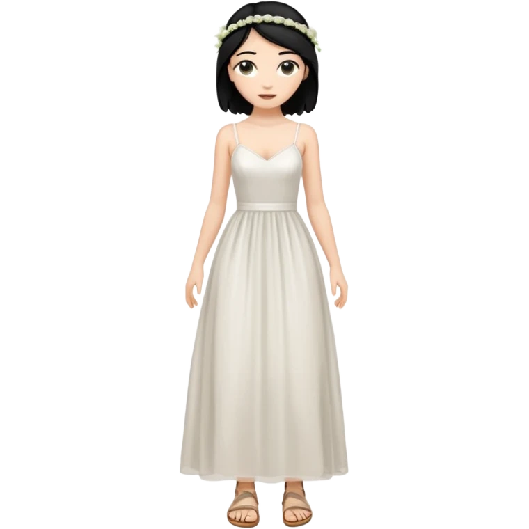 Chica blanca,cuerpo entero, vestido boda tirantes finos, pelo negro recogido con mechones y sandalias emoji