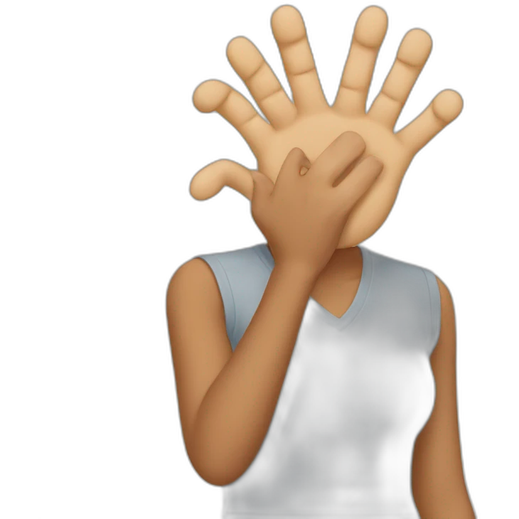 Woman holds up hand with too many fingers emoji