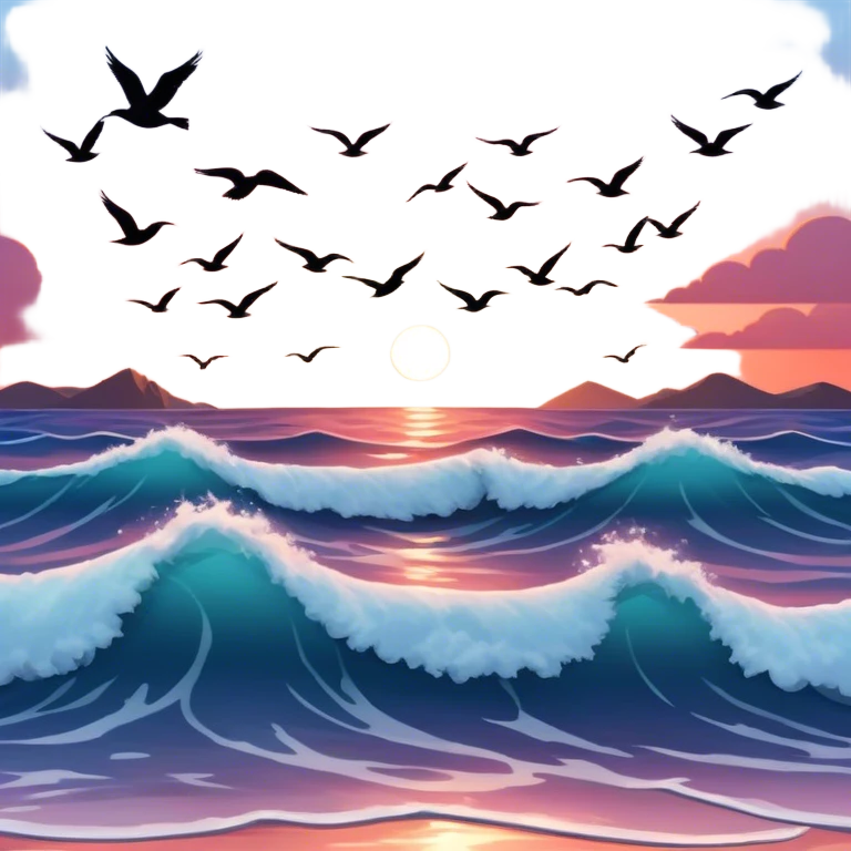 sunset over waves with birds flying overhead emoji