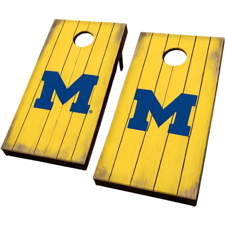 Cornhole board blue and yellow with Michigan “M” emoji