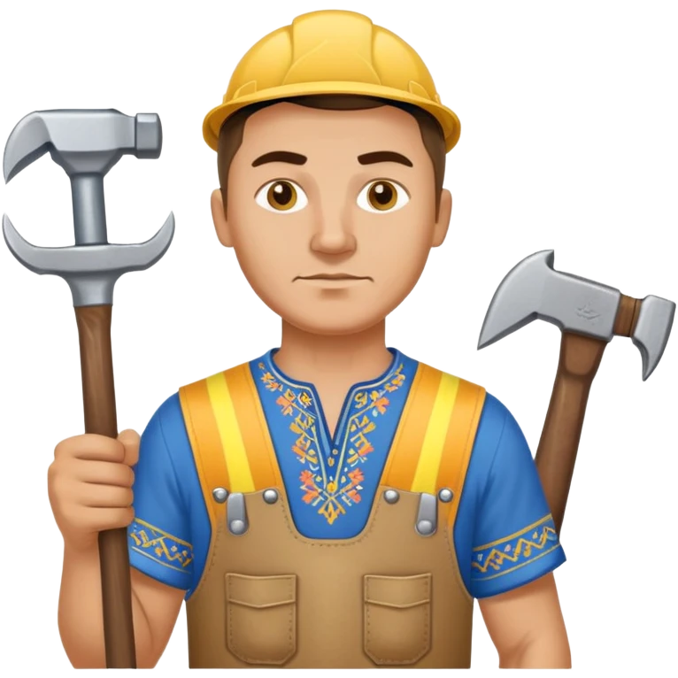 Ukrainian man wearing traditional embroidered vyshyvanka shirt holding construction tools like hammer and wrench emoji