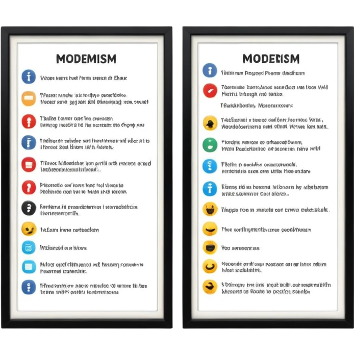 timeline that highlights the differences between modernism and postmodernism—on one side, modernism, and on the other, postmodernism. emoji