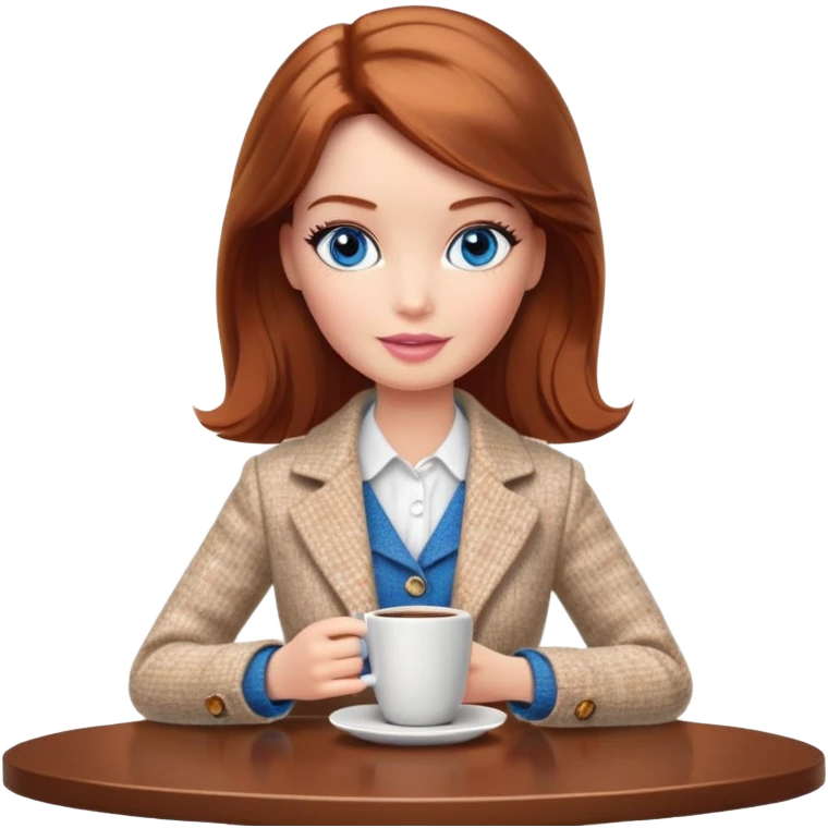 A Barbie girl with blue eyes, shoulder-length reddish-brown hair, made-up, wearing a white tweed jacket and a beige skirt, is sitting at a table with a cup of coffee in her hands emoji