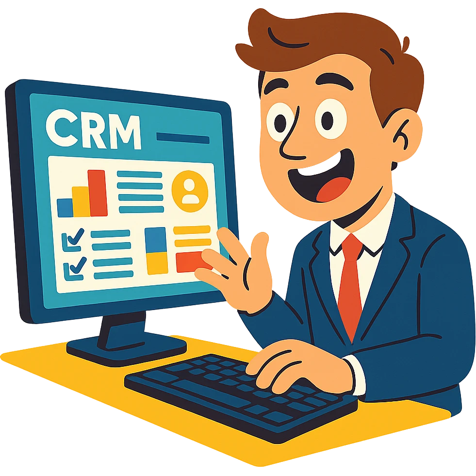 vibrant toon style corporate guy with brown hair, excitedly using CRM software on computer emoji