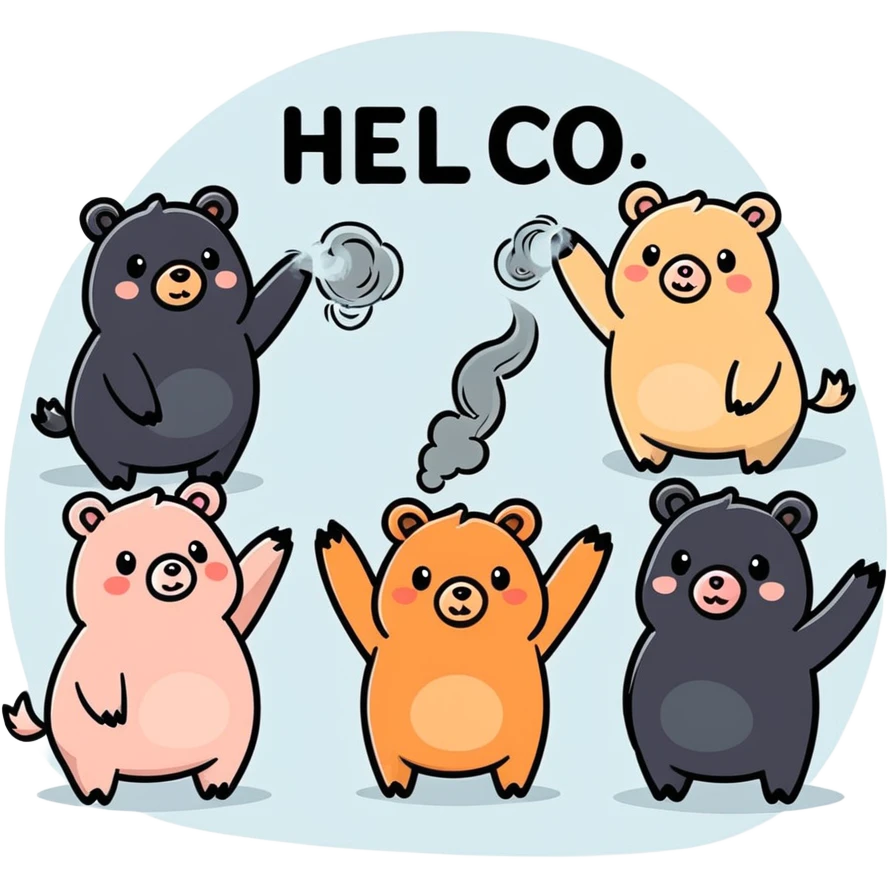 Create a pack of 9 hybrid bear pigs. Black fur, tan accents  blowing smoke, saying hello, in a dense fog, various other things.  emoji
