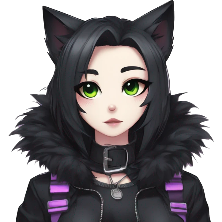 Gorgeous furry gothic dark techwear anime style anthro black cat furry sona Fakemon with blushing face aesthetic and pretty edgy black with collar and harness trending style emoji
