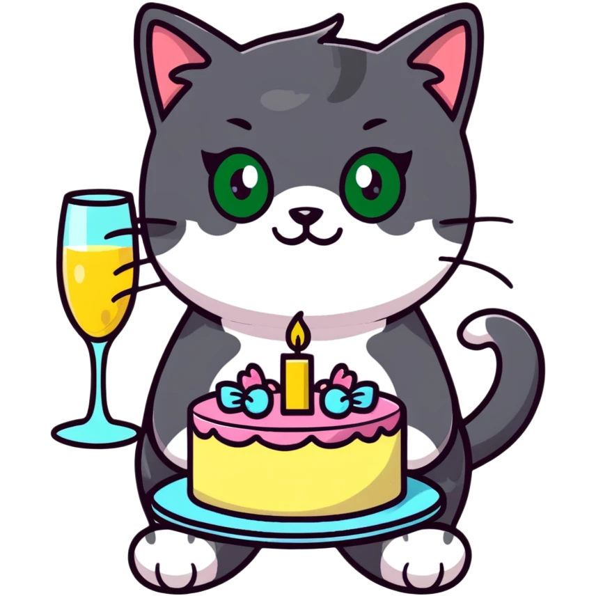tricolor fluffy cat with big green eyes celebrating her birthday with a cake and champagne emoji