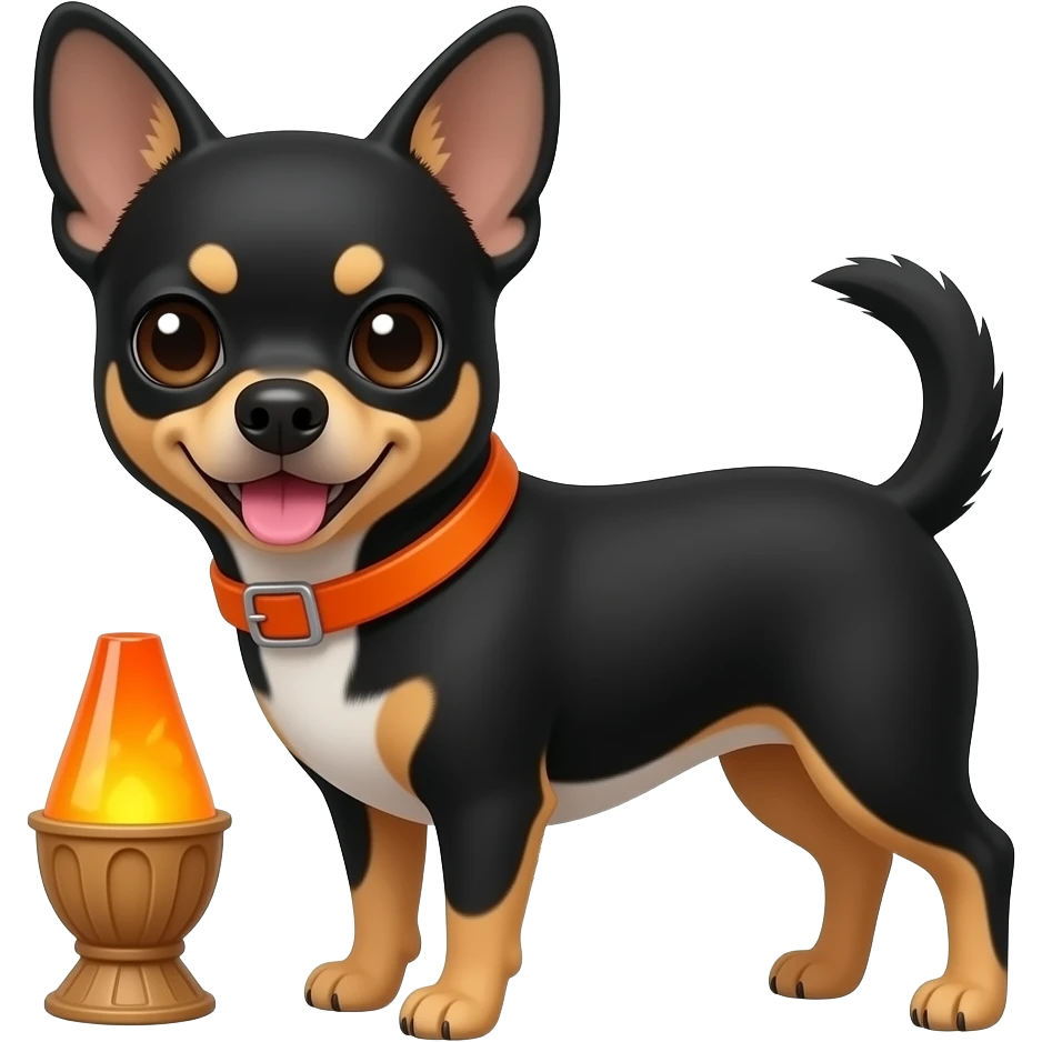 All black chihuahua with orange lavalamp dog toy emoji
