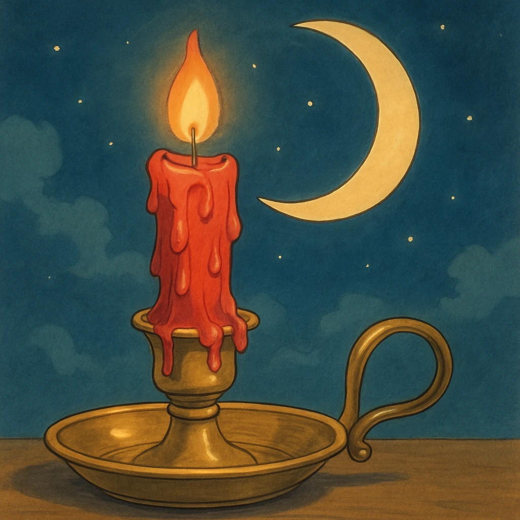 ghibli style dripping red candle in a gold holder with a crescent moon in the background emoji