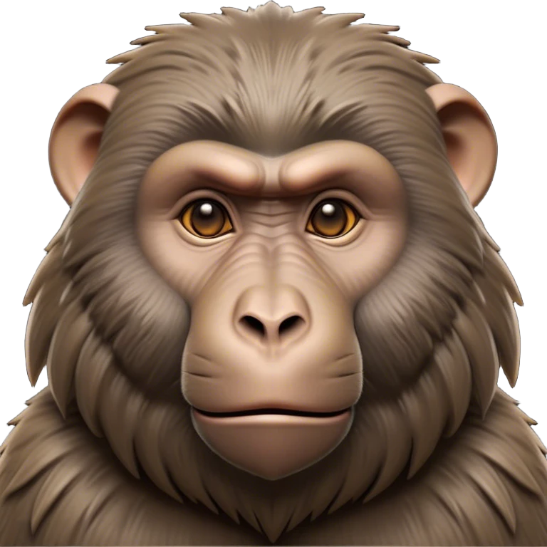 Cinematic Noble Baboon Portrait Emoji, Poised and regal, with a robust, muscular build and a richly textured Fur of earthy browns, deep-set soulful eyes with a mischievous glint, Simplified yet sharp and sophisticated features, highly detailed, glowing with a warm, dignified glow, high shine, intelligent and bold, stylized with an air of untamed urban majesty, focused and attentive, soft glowing outline, capturing the essence of a watchful and confident primate, so majestic it feels as though it could stride out of the screen with effortless authority! emoji