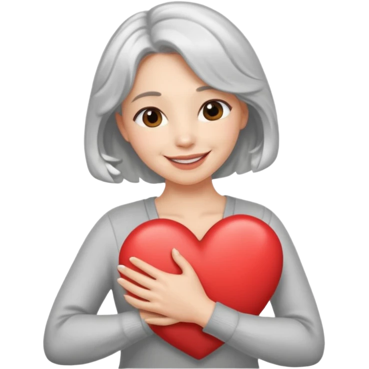 Silver hair, wavy/curly hair chin-length lady giving hug with 2 arms,  v-neck and smiling, add a heart emoji