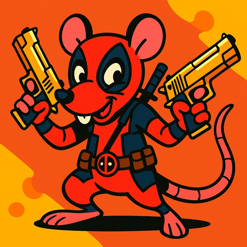 Deadpool-inspired rat character, armed with two golden Deagles, playful and mischievous expression, vibrant colors emoji
