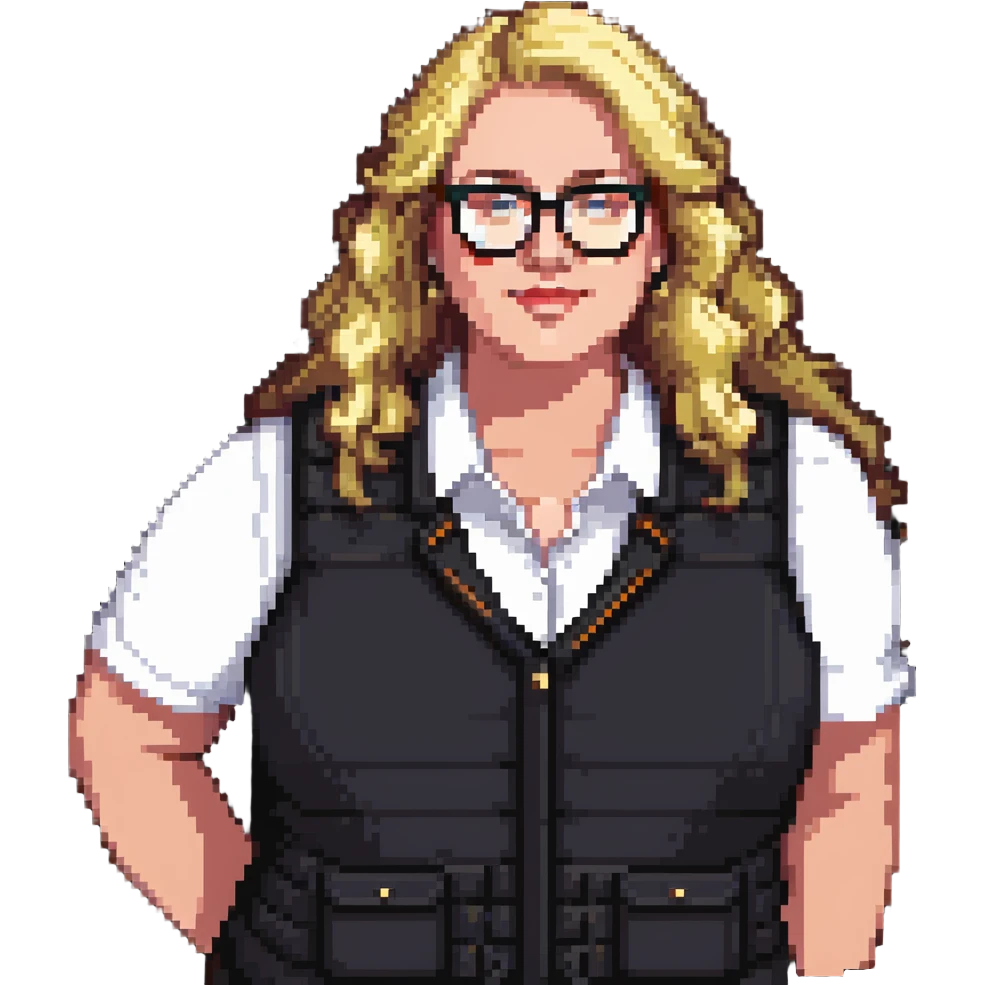 Plus size blonde person wearing glasses and a vest emoji