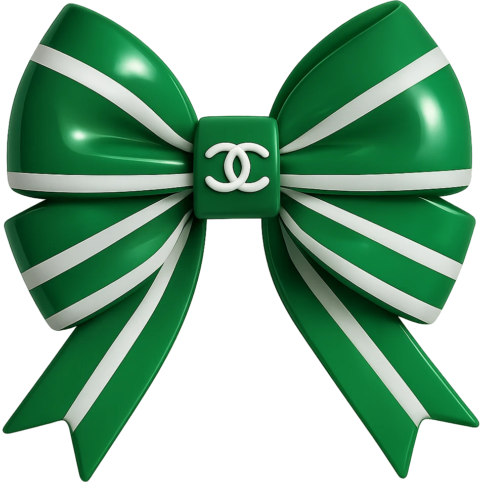 Change the striped bow to green and white stripes, keep the small white Chanel logo visible, make it glossy and in a 3D emoji style. Remove the background. emoji