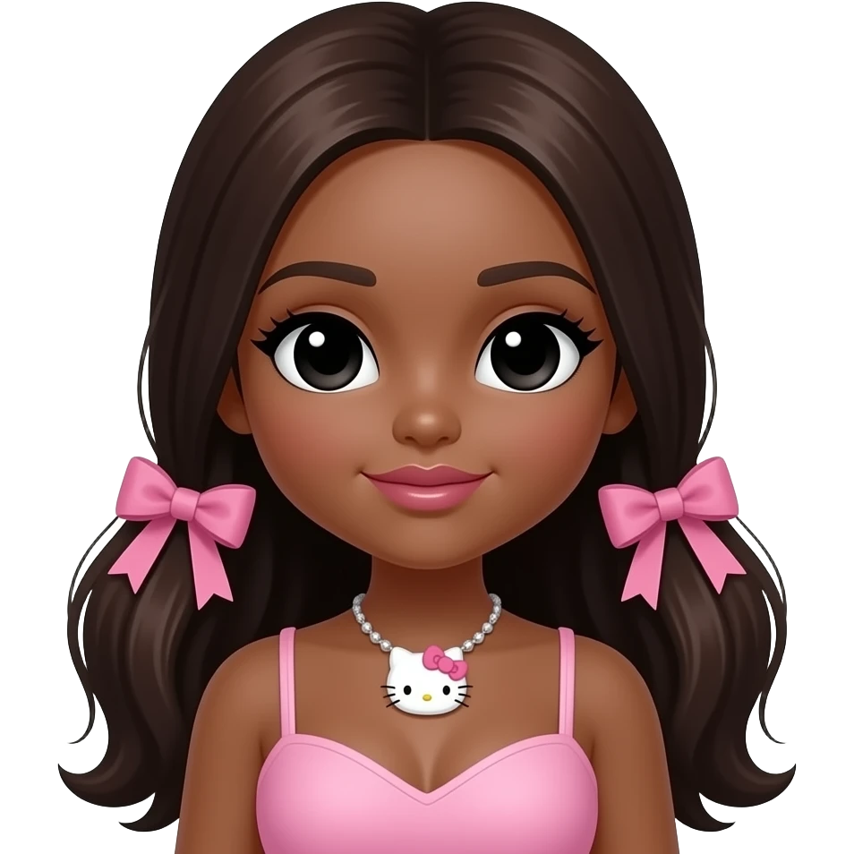 hello kitty necklace, doll eyes, Doll, big chest, dark brown skin, with middle part long dark brunette hair, black cute eyes, pink bows with cute lips emoji