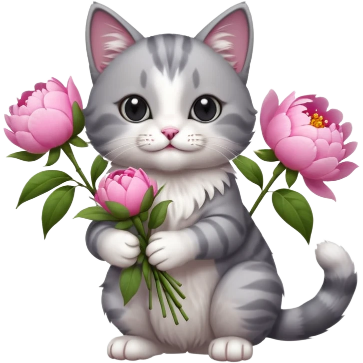 Cute cat Handing pink peonies like reaching a hand and handing them out a bouquet of them not a physical hand the cats hand  make the cat fluffy and grey and white  emoji
