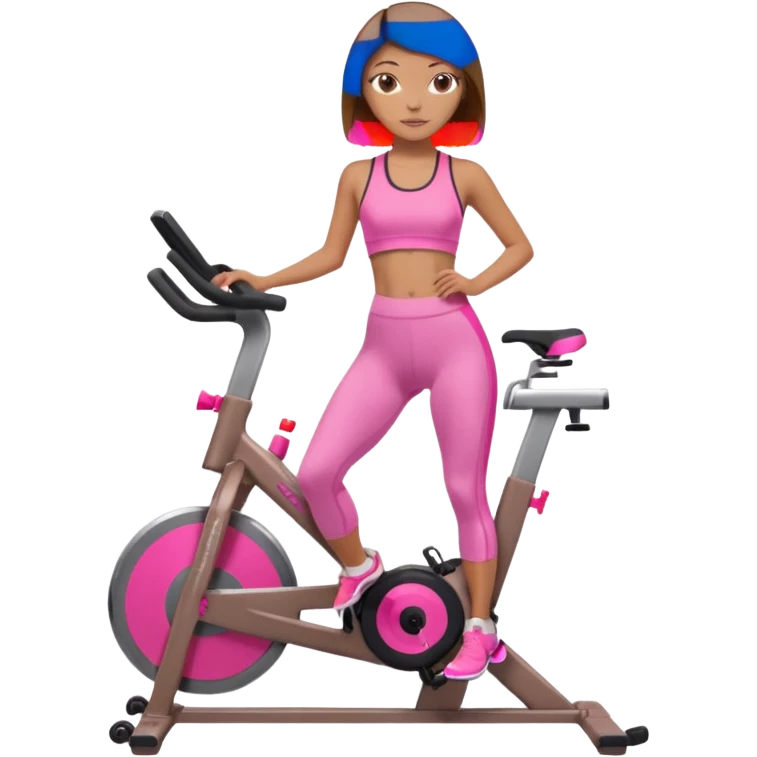 Light tan girl with a brown bob hat style with pink highlights in a pink workout set leaning on a indoor spin bike with NO HELMET,  but add pink hair highlights  emoji